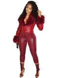 HR25063 European and American fashion women's clothing, plush collar V-neck buckle cardigan, short waist-cinching leather jacket top for women