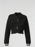 In stock: Early autumn Korean-style women's knitted jacket with zipper, casual sports yoga loose-fitting short sweater