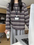 In-stock 2025 Spring and Autumn Base Shirt erume Card Korean Style Casual Color-Block Striped Round Neck Loose Long Sleeve Top for Women
