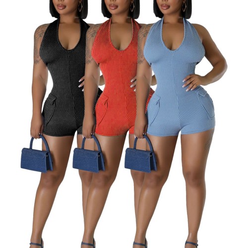 HR24016 European and American fashion women's clothing, super elastic fabric, halter neck, backless, pocketed, slim-fit jumpsuit