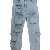 HR88003 European and American fashion women's clothing, stretch denim fabric, multi-pocket workwear style denim pants