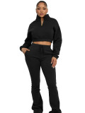 HR25069 European and American fashion women's half-zip cropped fleece sweatshirt and flared long pants casual two-piece set