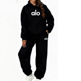 New cross-border women's clothing: hooded fleece-lined autumn and winter sweatshirt and sweatpants, fashionable casual letter-print multi-color set
