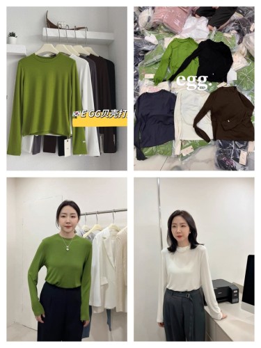 Korean egg eggjia 2024 spring collection wool knitted base shirt T-shirt for women, versatile top with long sleeves and V-neck