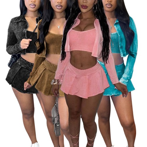 HR24100 European and American fashion women's clothing, acid-washed distressed three-piece dress set (includes safety shorts)