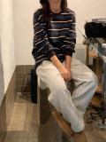 25 Spring and Autumn Lazy Korean Style Retro Long Sleeve evermore Striped T-shirt Casual Loose Fit Zhao Lusi Same Style
