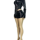 HR25102 European and American fashion women's leather stand-up collar two-way zipper biker long-sleeve top and shorts two-piece set