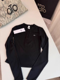 Early spring ribbed base shirt for women with buttoned half-open collar, stretchy slim-fit long-sleeve slimming running sports top
