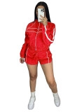 HR25020 European and American women's clothing, sexy hot girl long-sleeve zippered two-piece set with contrasting color webbing shorts