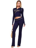 HR25071 European and American fashion women's clothing cross-border supply printed hooded long-sleeve thumb-hole micro-flare two-piece set