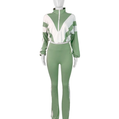 HR25015 European and American women's clothing, elastic waistband, color block splicing, contrasting color, sporty casual two-piece pants set