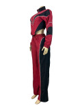 HR25062 European and American fashion women's two-piece set: color-blocked, cinched waist, zip-up top and straight-leg pants