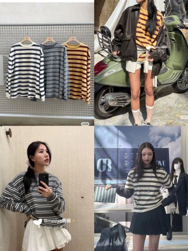 25 new Korean Grove striped long-sleeve T-shirt, loose fit, color-blocking, casual round-neck pullover, new solid color, versatile
