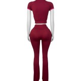 HR25019 European and American fashion women's clothing, color-blocked round-neck short-sleeve high-waisted micro-flared two-piece pants suit