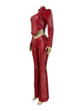 HR25059 European and American fashion women's slim-fit zippered stretch leather jacket and casual micro-flared pants two-piece set for women