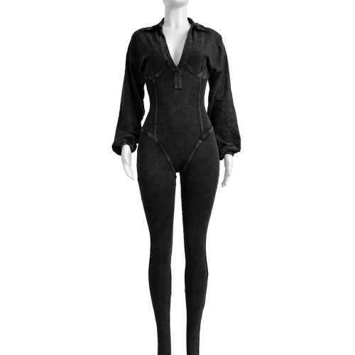 HR24102 European and American fashion women's clothing, washed and distressed, sexy deep V tight-fitting long-sleeve autumn and winter jumpsuit