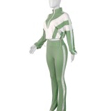HR25015 European and American women's clothing, elastic waistband, color block splicing, contrasting color, sporty casual two-piece pants set