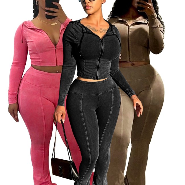 HR24063 European and American women's clothing, cross-border supply, washed distressed hooded bell-bottom pants two-piece casual set