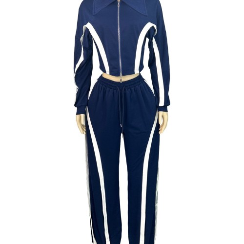HR25039 European and American fashion women's striped patchwork color-blocking zip-up collar top and wide-leg long pants two-piece set