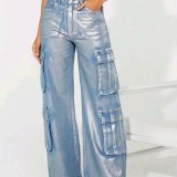 HR88013 European and American women's clothing, cross-border supply, fashionable silver-embossed design, stretch denim multi-pocket cargo pants