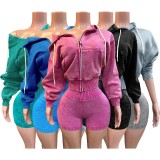 HR26081 European and American fashion women's clothing, washed zipper hooded fleece top and distressed shorts sports two-piece set