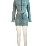 HR88018 European and American cross-border women's clothing, stretch denim, digital logo patch embroidered skirt two-piece set