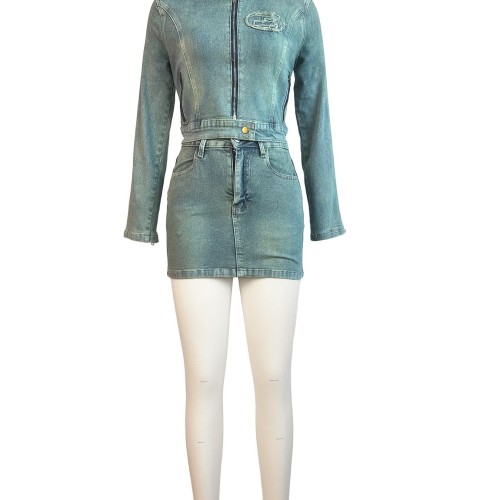 HR88018 European and American cross-border women's clothing, stretch denim, digital logo patch embroidered skirt two-piece set