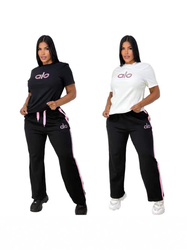 Y71630 European and American women's clothing cross-border Amazon casual fashion sports set, rhinestone embellished short-sleeve long-pants two-piece set