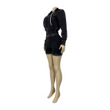 HR26081 European and American fashion women's clothing, washed zipper hooded fleece top and distressed shorts sports two-piece set
