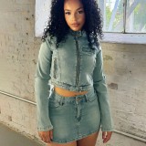 HR88018 European and American cross-border women's clothing, stretch denim, digital logo patch embroidered skirt two-piece set