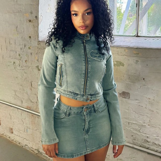 HR88018 European and American cross-border women's clothing, stretch denim, digital logo patch embroidered skirt two-piece set