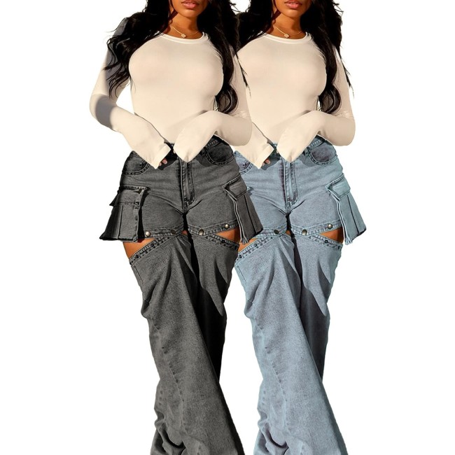 HR88007 European and American fashion women's clothing, detachable pant legs, stretch denim multi-wear shorts and long pants