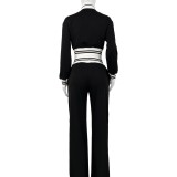 HR24070 European and American women's clothing, double-layer ribbed color-blocked contrasting wide-leg micro-flared pants two-piece set