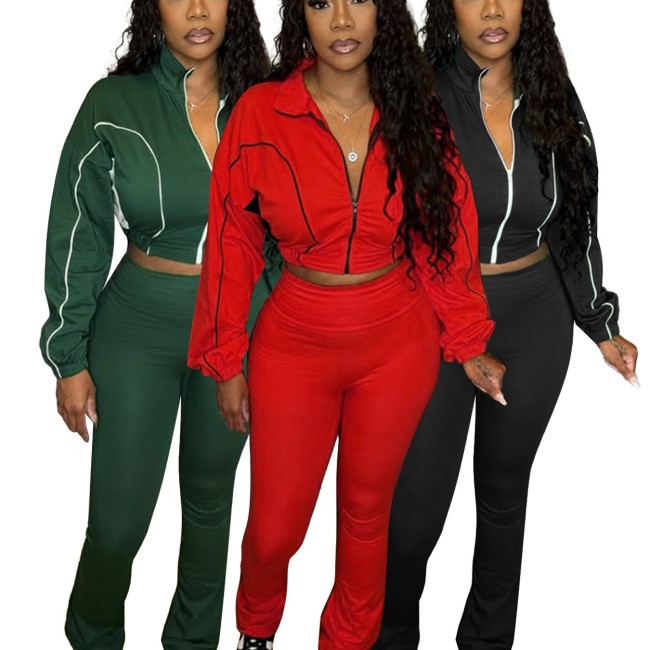 HR25018 European and American fashion women's clothing, two-tone contrast ribbed zipper micro-flared two-piece pants set