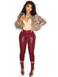 HR25063 European and American fashion women's clothing, plush collar V-neck buckle cardigan, short waist-cinching leather jacket top for women