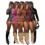 HR25102 European and American fashion women's leather stand-up collar two-way zipper biker long-sleeve top and shorts two-piece set