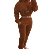 HR8201 European and American women's clothing, spring and winter fleece-lined sports casual set, hoodie + jogger pants two-piece set
