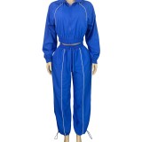 HR25052 European and American fashion women's two-piece set: woven top with contrasting color lines and wide-leg elasticated sports pants