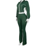 HR25018 European and American fashion women's clothing, two-tone contrast ribbed zipper micro-flared two-piece pants set