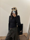 Early spring ribbed base shirt for women with buttoned half-open collar, stretchy slim-fit long-sleeve slimming running sports top