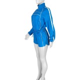 HR25020 European and American women's clothing, sexy hot girl long-sleeve zippered two-piece set with contrasting color webbing shorts
