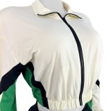 HR25022 European and American fashion women's outfit with color-blocking, zipper, long sleeves, slim-fit shorts, two-piece sports set for women