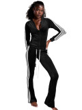 HR25067 European and American fashion women's clothing, German velvet zippered drawstring side-striped micro-flared long pants two-piece set
