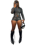 HR25102 European and American fashion women's leather stand-up collar two-way zipper biker long-sleeve top and shorts two-piece set