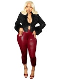 HR25063 European and American fashion women's clothing, plush collar V-neck buckle cardigan, short waist-cinching leather jacket top for women