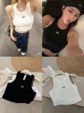 In-stock ribbed short vest with letter print, yoga waist utility style, suitable for sports, running, fitness, daily wear, can be worn as an inner or outer layer
