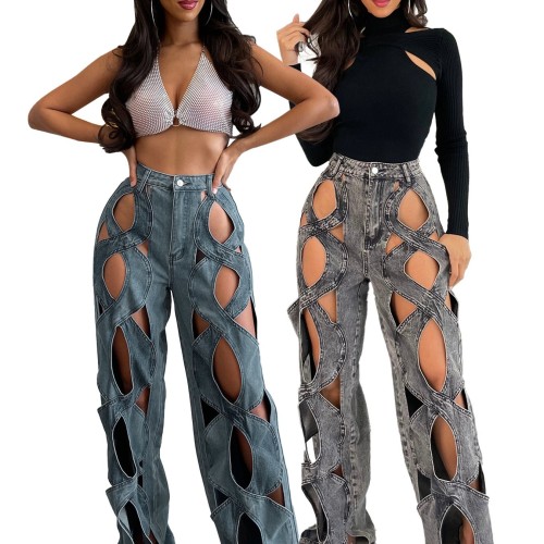 HR23112 European and American women's clothing, stretch denim fabric, unique twisted hollow design, loose straight-leg jeans
