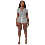 HR8210 European and American women's clothing, cross-border supply, zip-up cardigan, solid color short top with hood, two-piece set