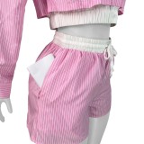 HR25028 European and American fashion women's clothing, striped shirt with a turn-down collar, long-sleeved, elastic-waisted shorts, two-piece set