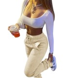 HR8139 European and American women's clothing, thickened sweatshirt fabric, sporty casual drawstring stacked pants with pockets